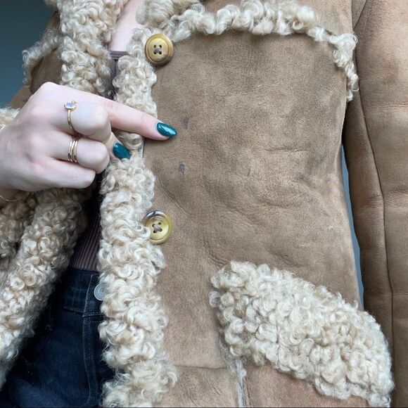 Vintage Womens Cottagecore Brown Tan Shearling Warm Winter Leather Jacket XS - Picture 10 of 10